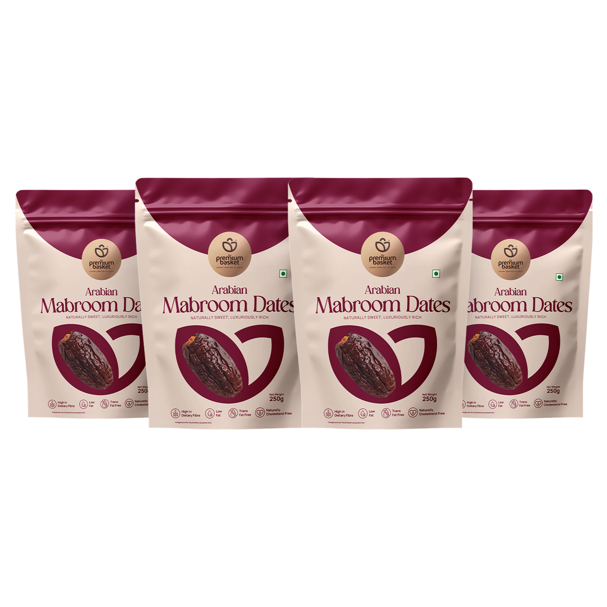 Pack of 4 Mabroom dates pouches, burgundy and beige stand-up bags