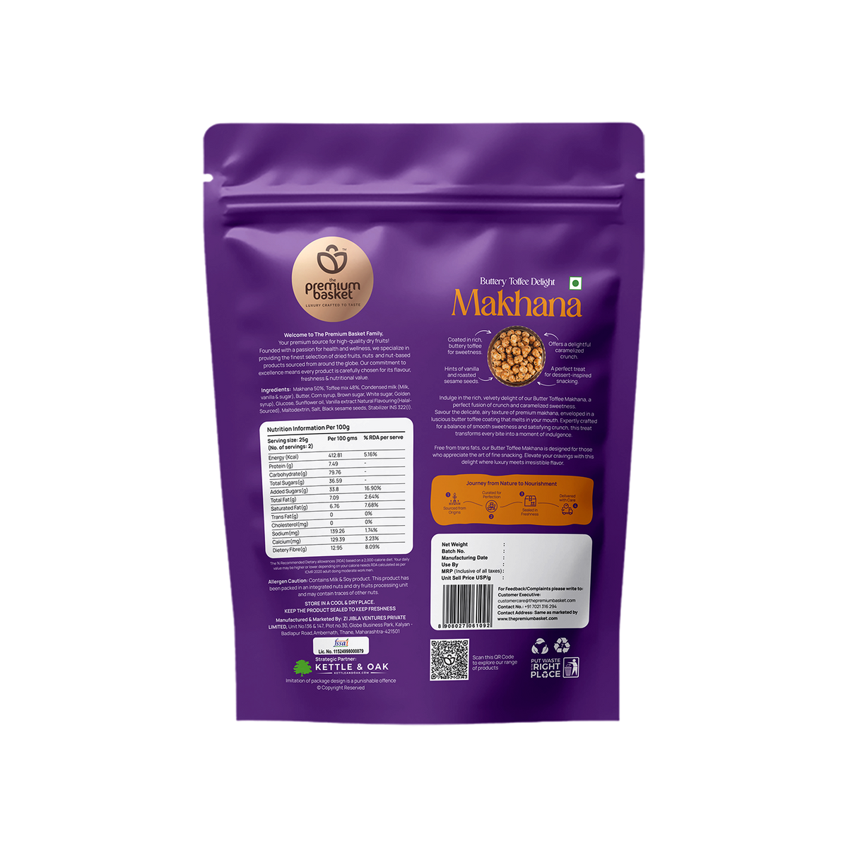 Back of purple makhana snack pouch with nutrition panel and barcode