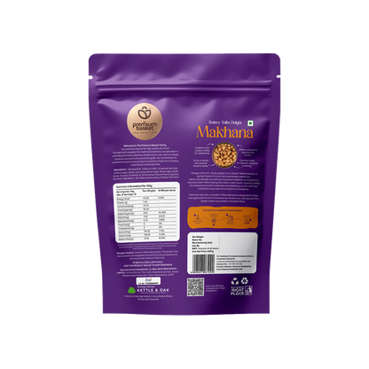 Back of purple makhana snack pouch with nutrition panel and barcode