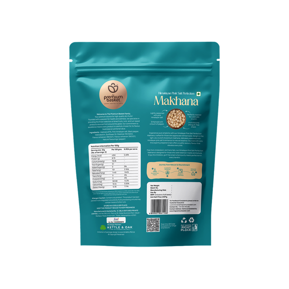 Turquoise makhana snack pouch back view with nutrition panel and barcode label