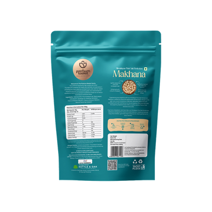 Turquoise makhana snack pouch back view with nutrition panel and barcode label