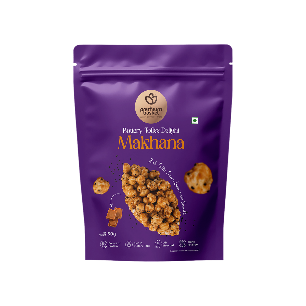 Front of purple makhana snack pouch with toffee-coated makhana graphic