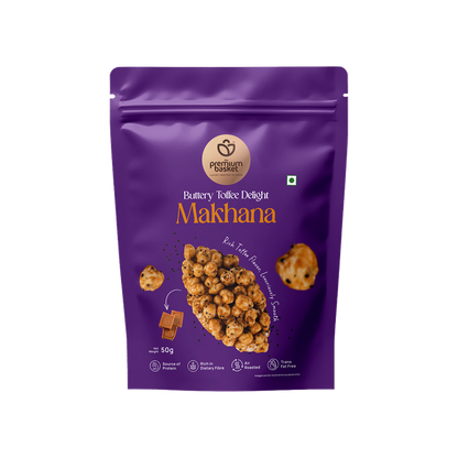 Front of purple makhana snack pouch with toffee-coated makhana graphic