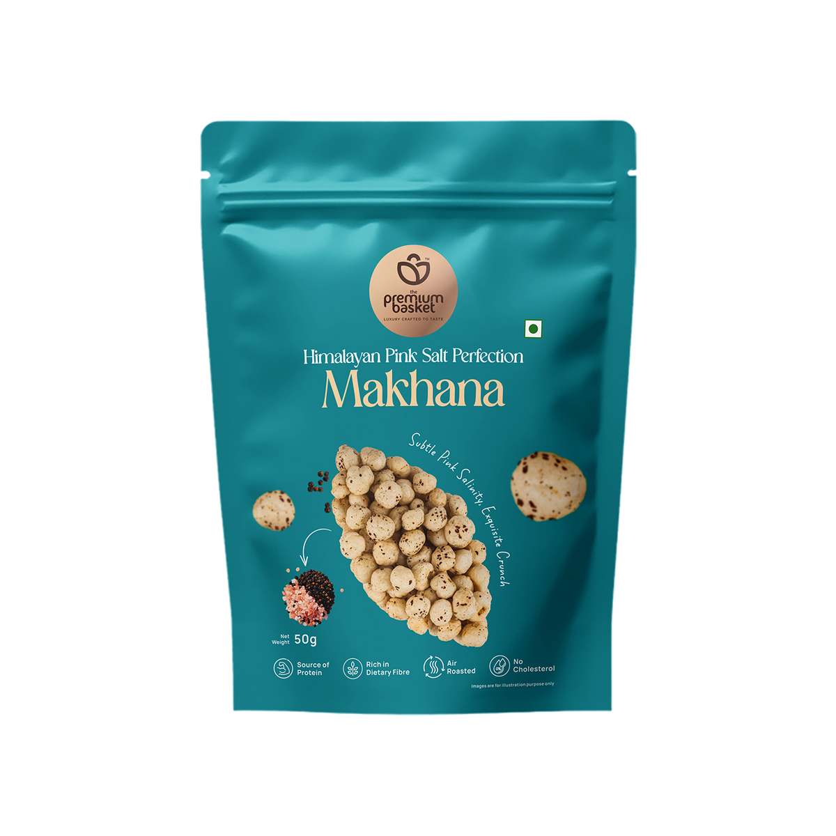 Turquoise Himalayan pink salt makhana snack pouch with puffed lotus seed graphic