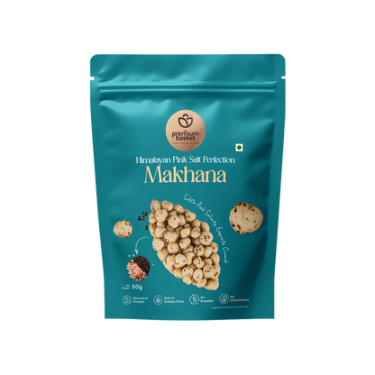 Turquoise Himalayan pink salt makhana snack pouch with puffed lotus seed graphic
