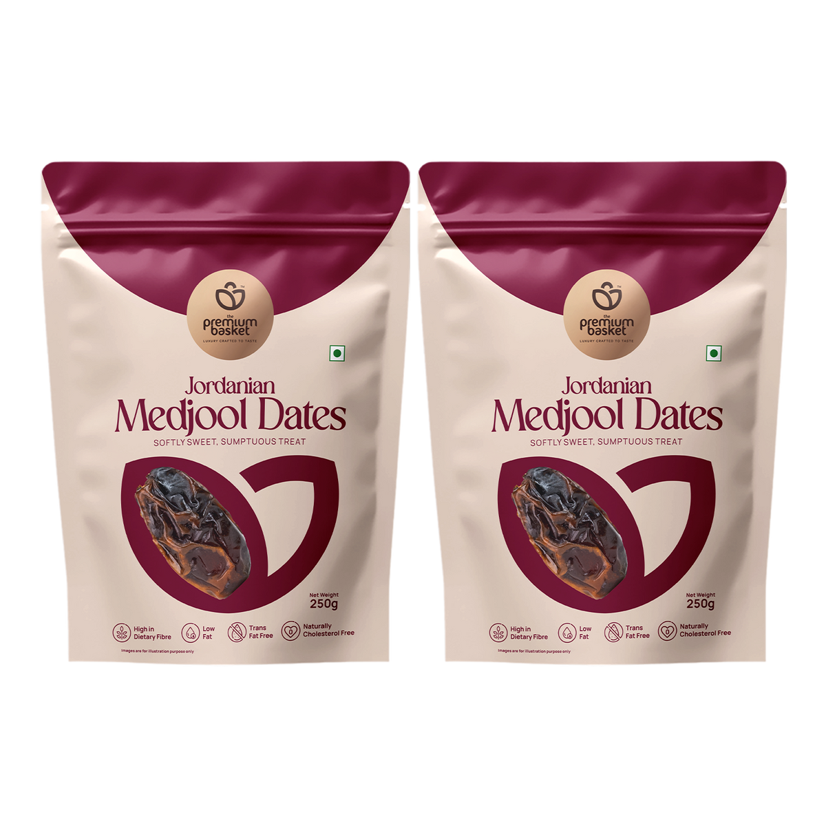 Two Jordanian Medjool dates pouches, maroon-and-cream stand-up bags, 250g each