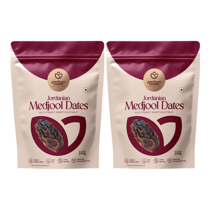 Two Jordanian Medjool dates pouches, maroon-and-cream stand-up bags, 250g each