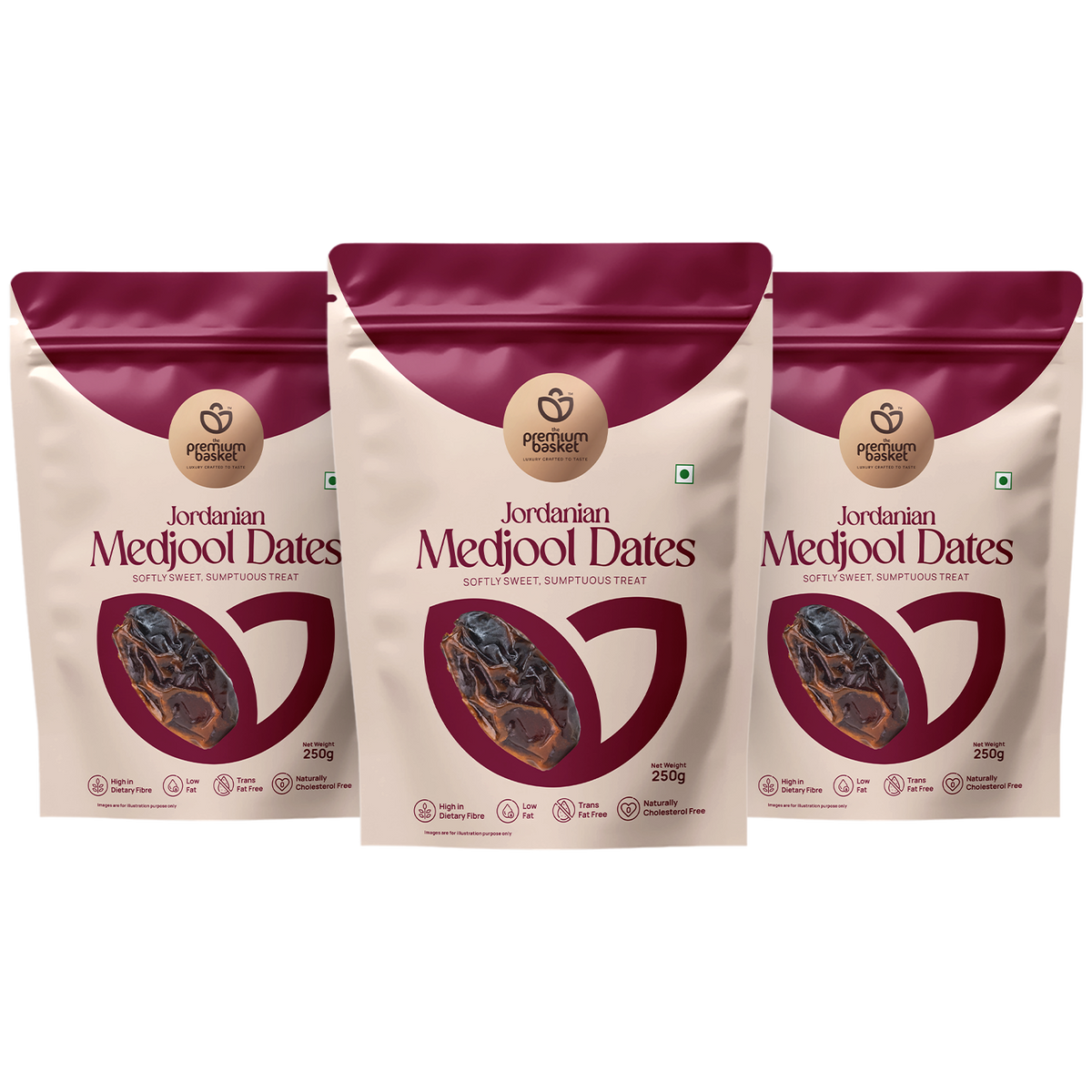 Medjool date pouches, three-pack set in maroon and white packaging