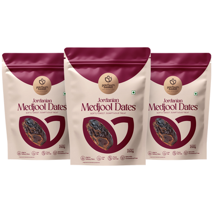 Medjool date pouches, three-pack set in maroon and white packaging