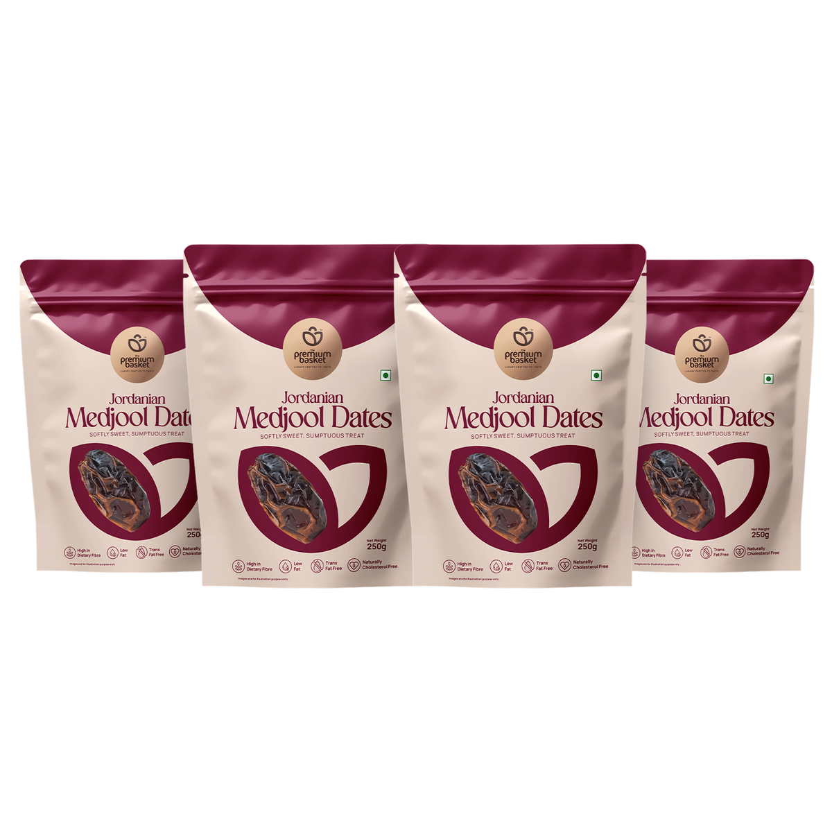 Medjool date pouches, four-pack set in maroon and white packaging