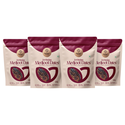 Medjool date pouches, four-pack set in maroon and white packaging