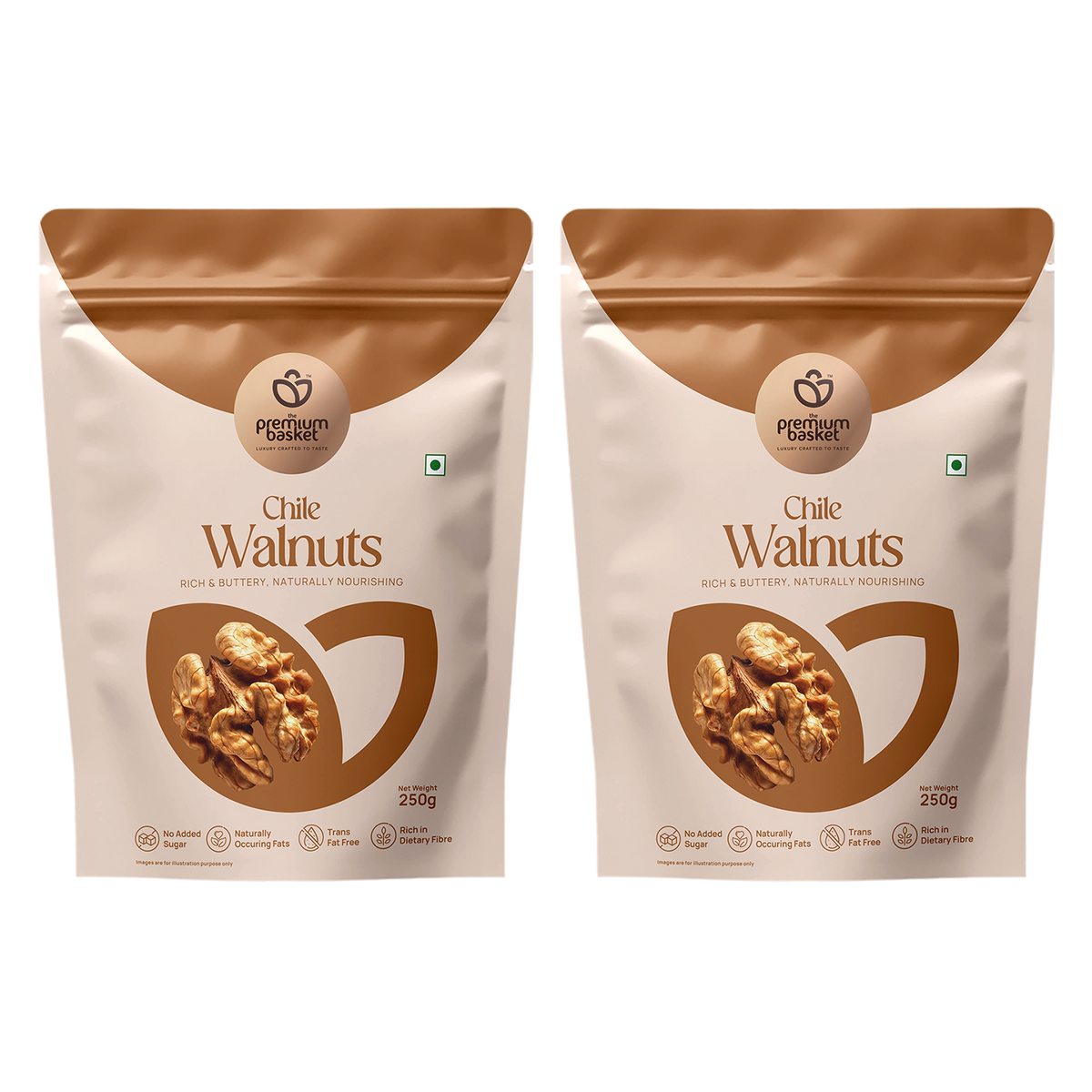 Chile Walnuts pouch, 250g bag with roasted walnut kernels on the front