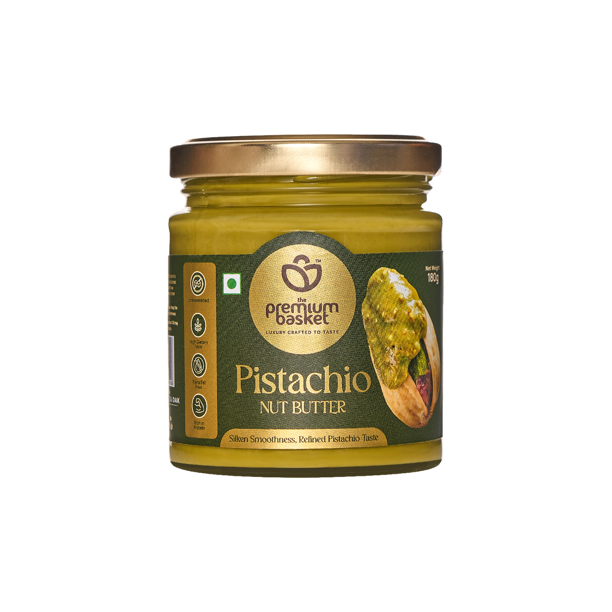 Pistachio nut butter jar with green glass, front label, and gold lid