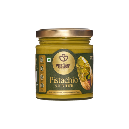 Pistachio nut butter jar with green glass, front label, and gold lid