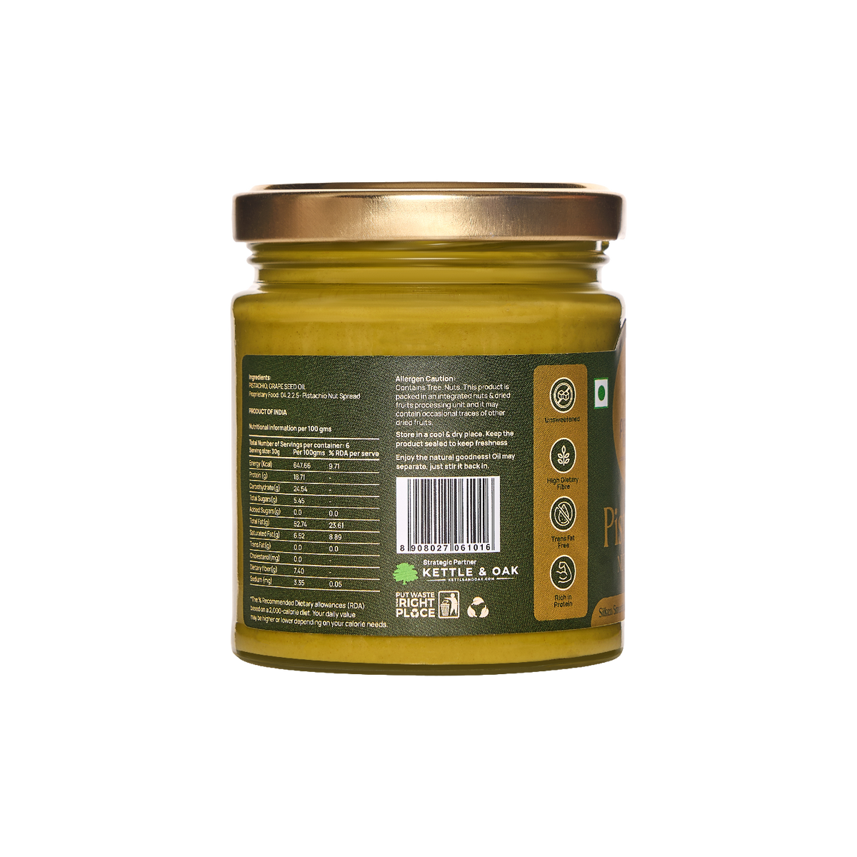 Pistachio nut butter jar with side label and nutrition panel on green glass