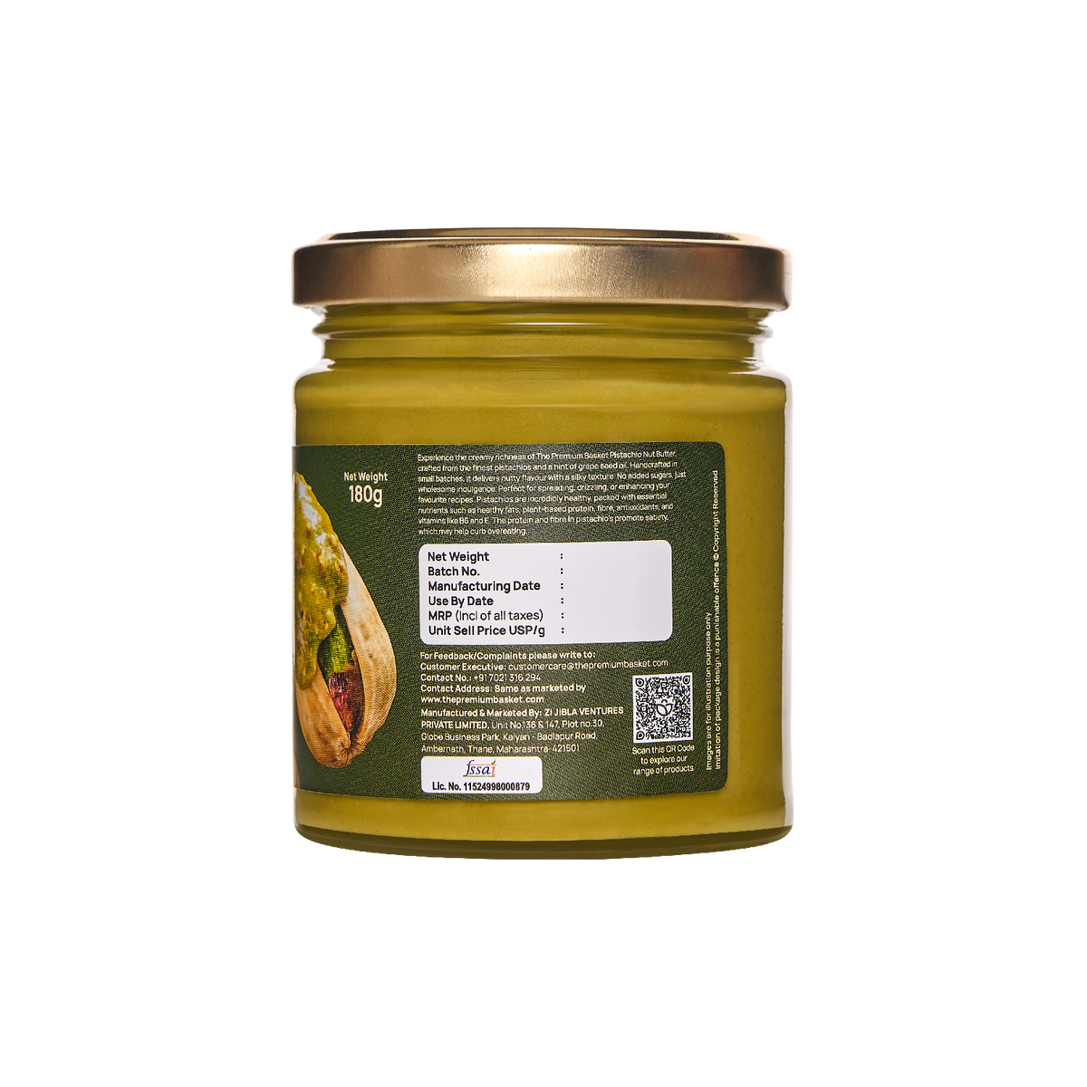 Pistachio nut butter jar with back label, green glass, and gold lid