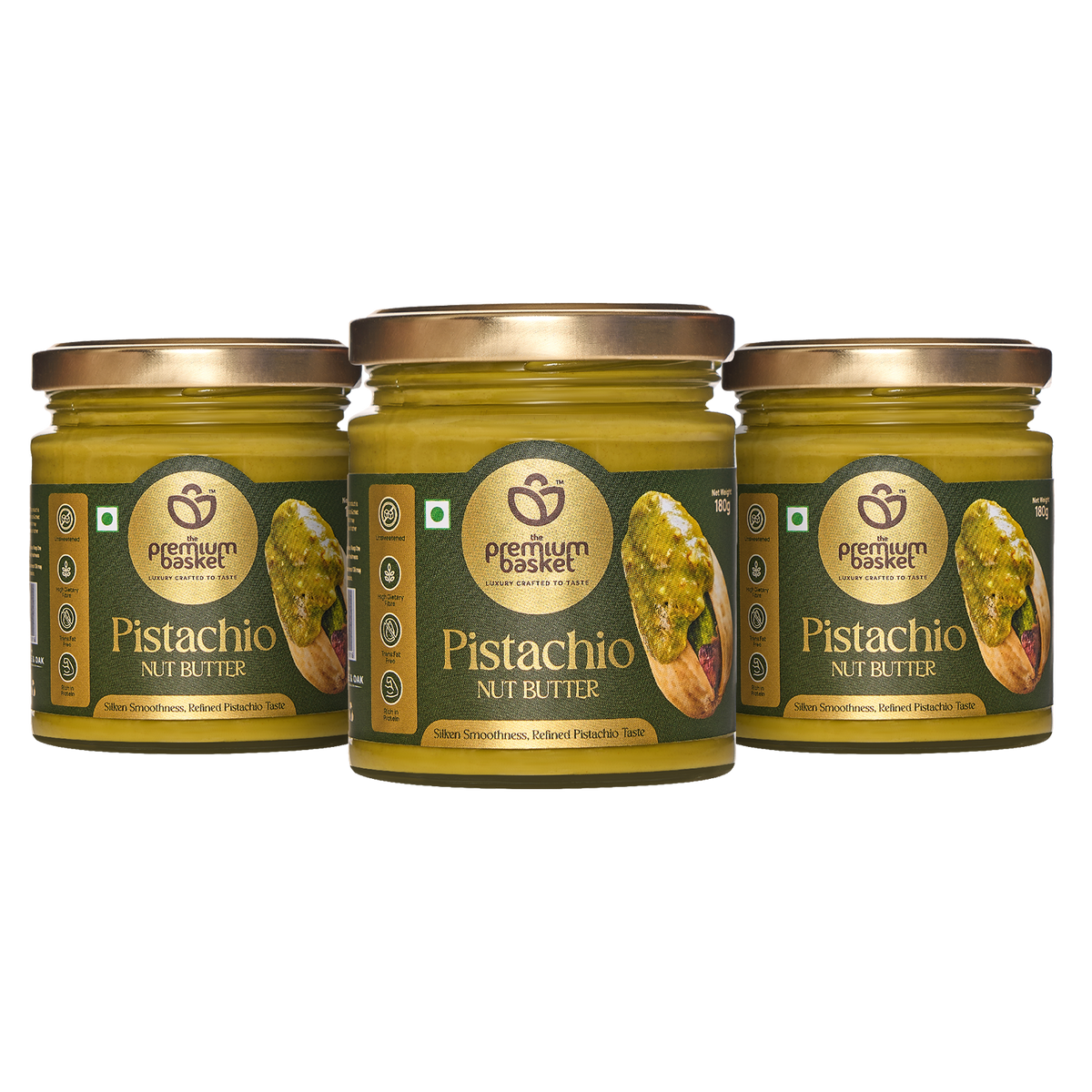 Pistachio nut butter jars, three pack with green-gold labels and metal lids