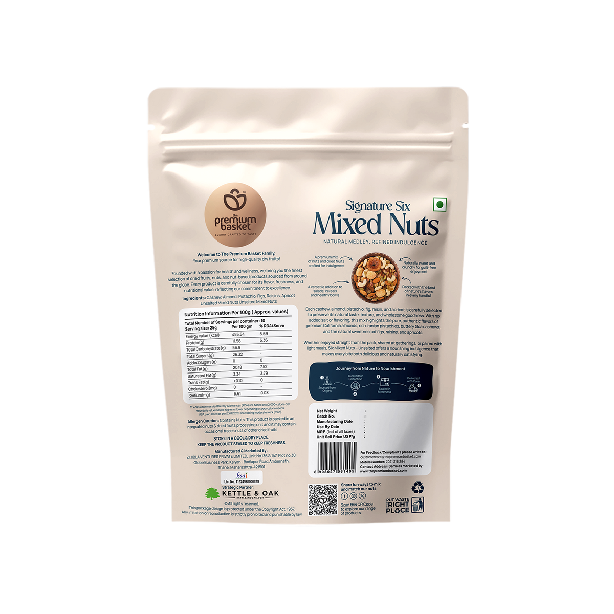 Mixed nuts pouch back panel with nutrition facts and barcode