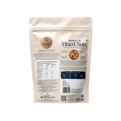 Mixed nuts pouch back panel with nutrition facts and barcode