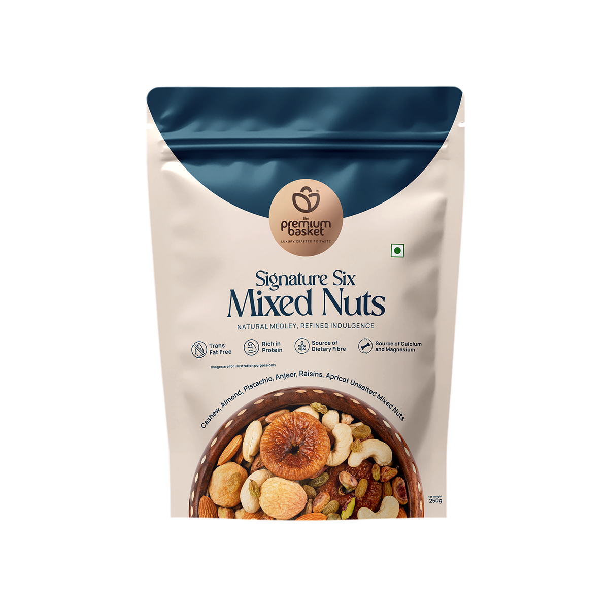Mixed nuts pouch with blue top and white front panel, product view