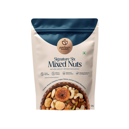 Mixed nuts pouch with blue top and white front panel, product view