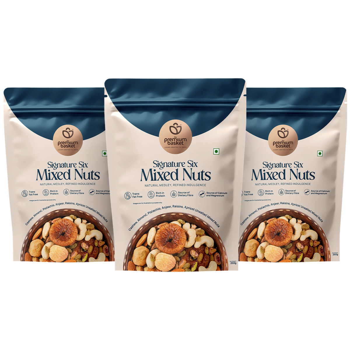 Signature Six Mixed Nuts snack bags, blue tops and beige labels (3-pack shown)