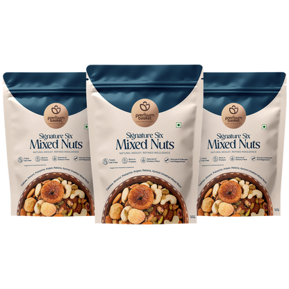 Signature Six Mixed Nuts snack bags, blue tops and beige labels (3-pack shown)