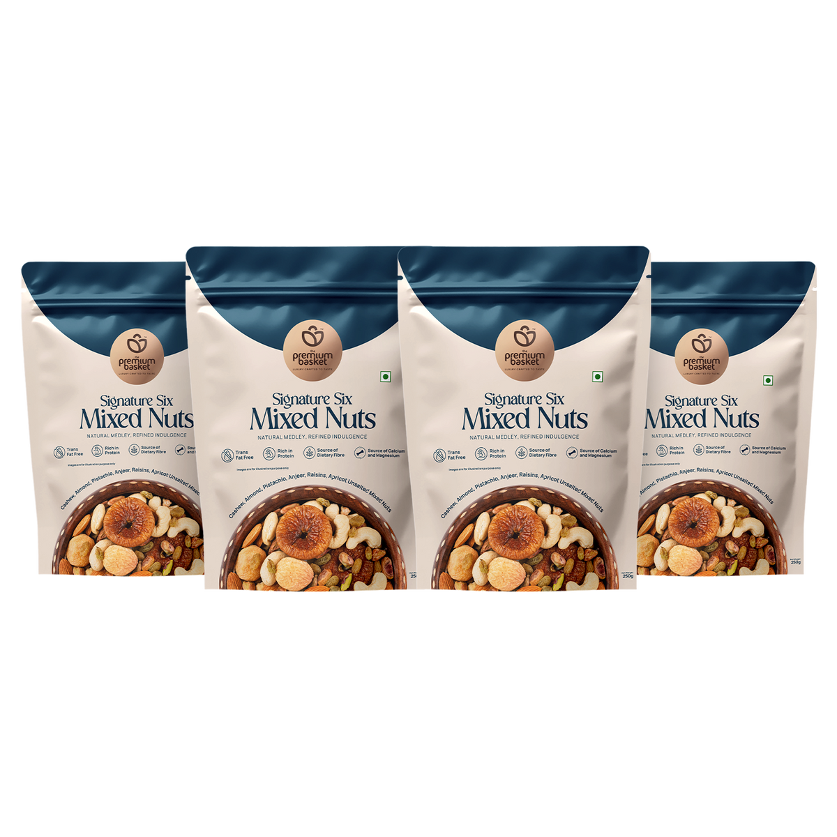 Signature Six Mixed Nuts snack bags, blue tops and beige labels (4-pack shown)