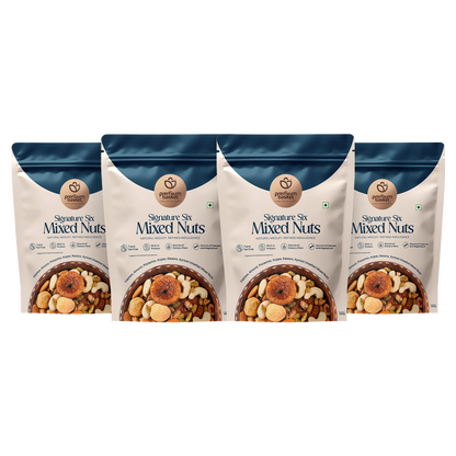 Signature Six Mixed Nuts snack bags, blue tops and beige labels (4-pack shown)