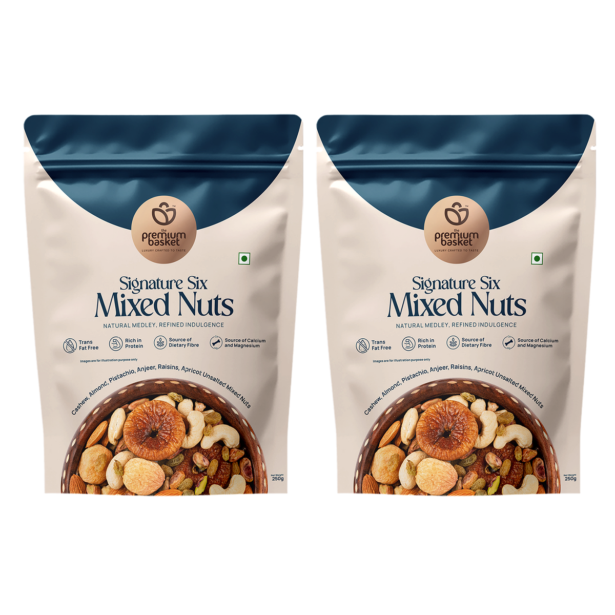 Two mixed nuts pouches with blue tops and white fronts, side-by-side