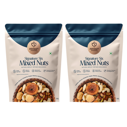 Two mixed nuts pouches with blue tops and white fronts, side-by-side