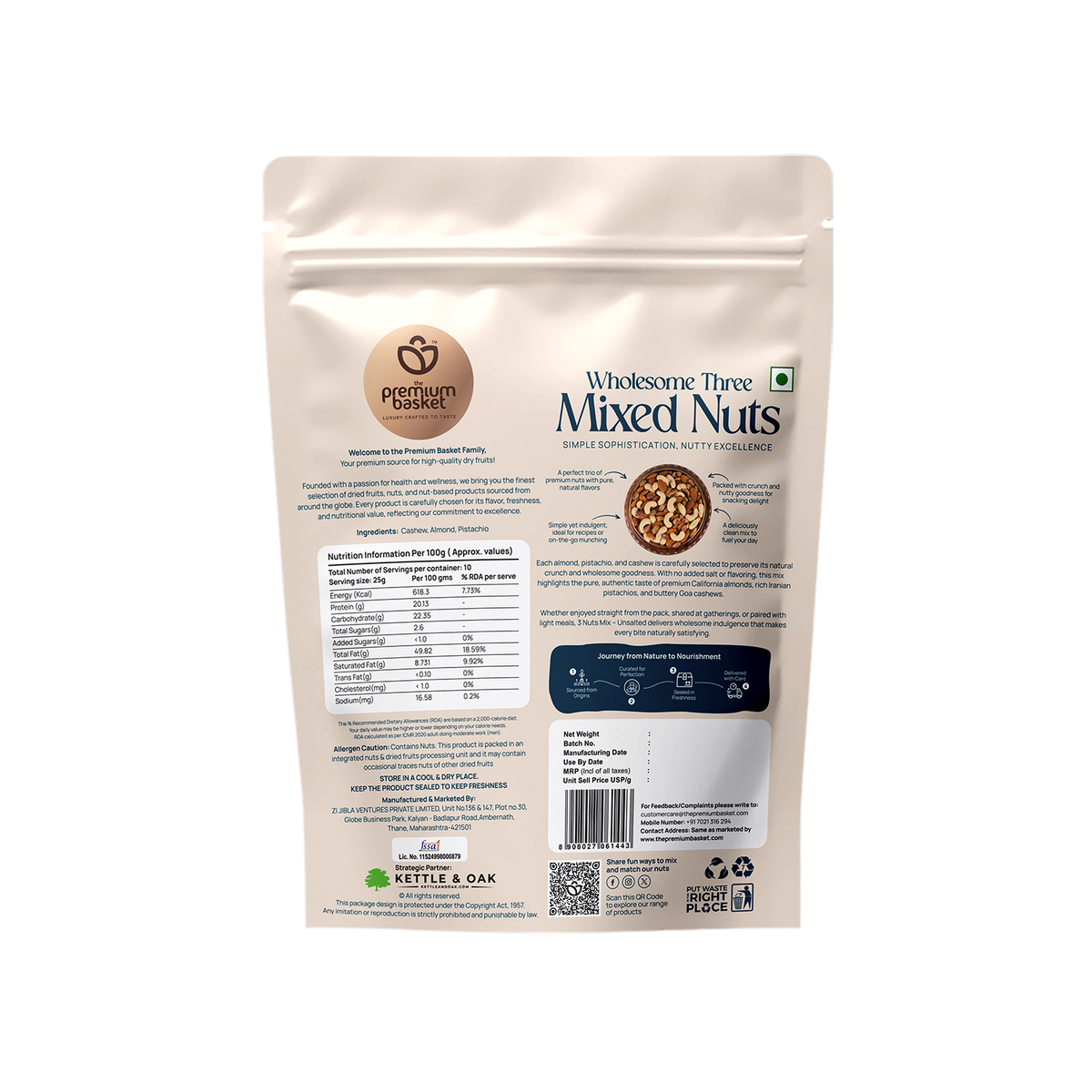 Wholesome Three Mixed Nuts pouch, back view with nutrition facts and barcode