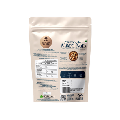Wholesome Three Mixed Nuts pouch, back view with nutrition facts and barcode