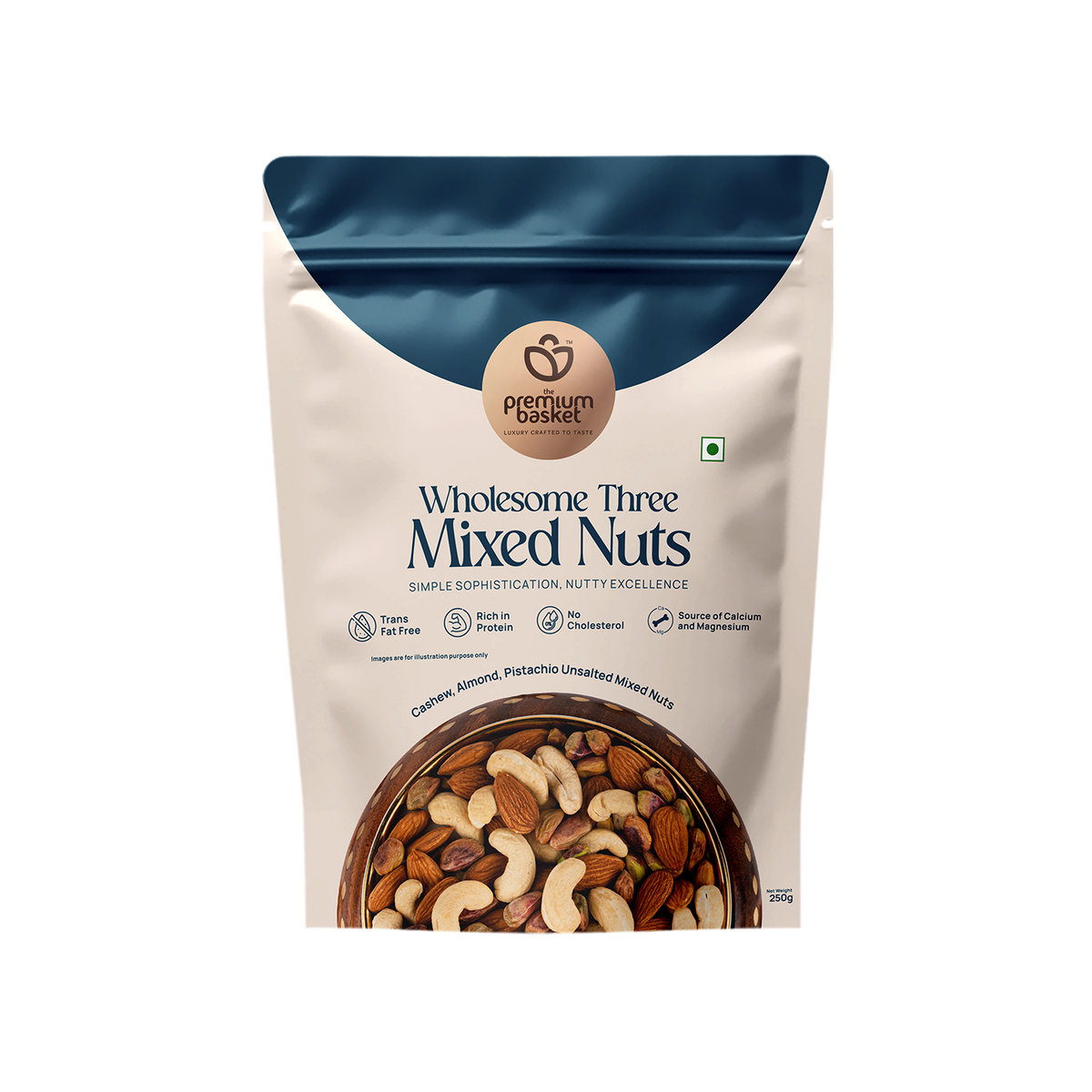 Wholesome Three Mixed Nuts pouch, centered front view with nut mix window at bottom