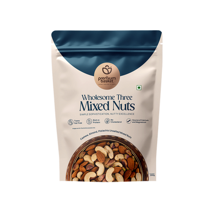 Wholesome Three Mixed Nuts pouch, centered front view with nut mix window at bottom