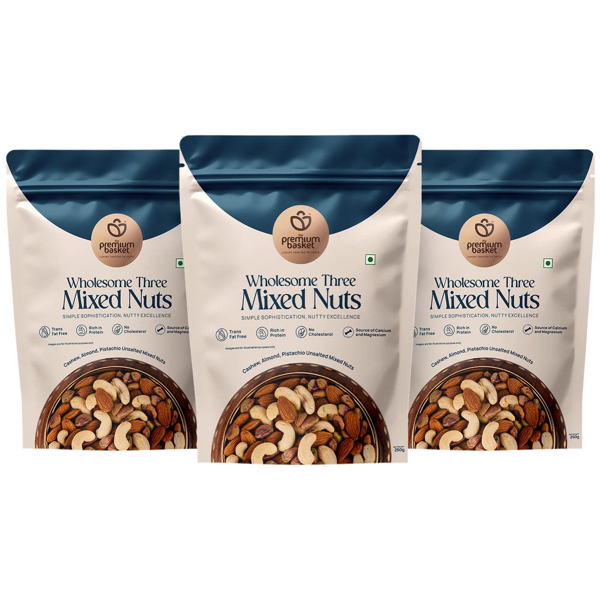 Mixed nuts snack bags, blue tops and beige front panels, three-pack.