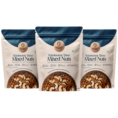 Mixed nuts snack bags, blue tops and beige front panels, three-pack.
