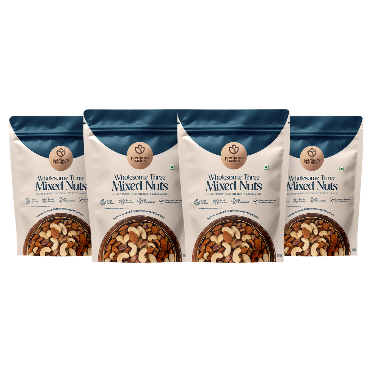 Mixed nuts snack bags, blue tops and beige panels, four-pack view.