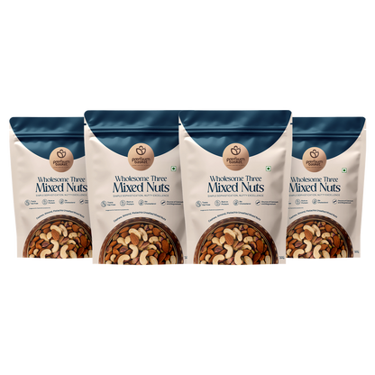 Mixed nuts snack bags, blue tops and beige panels, four-pack view.