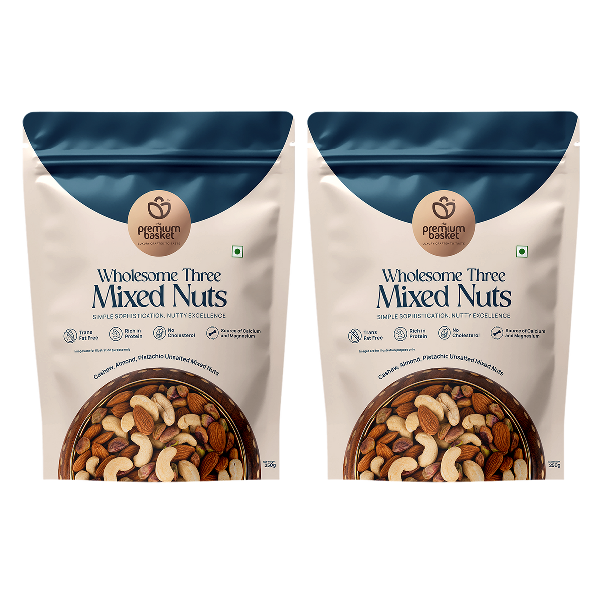 Wholesome Three Mixed Nuts pouch, front view with nut mix pictured at the bottom