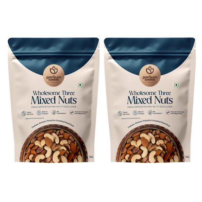 Wholesome Three Mixed Nuts pouch, front view with nut mix pictured at the bottom
